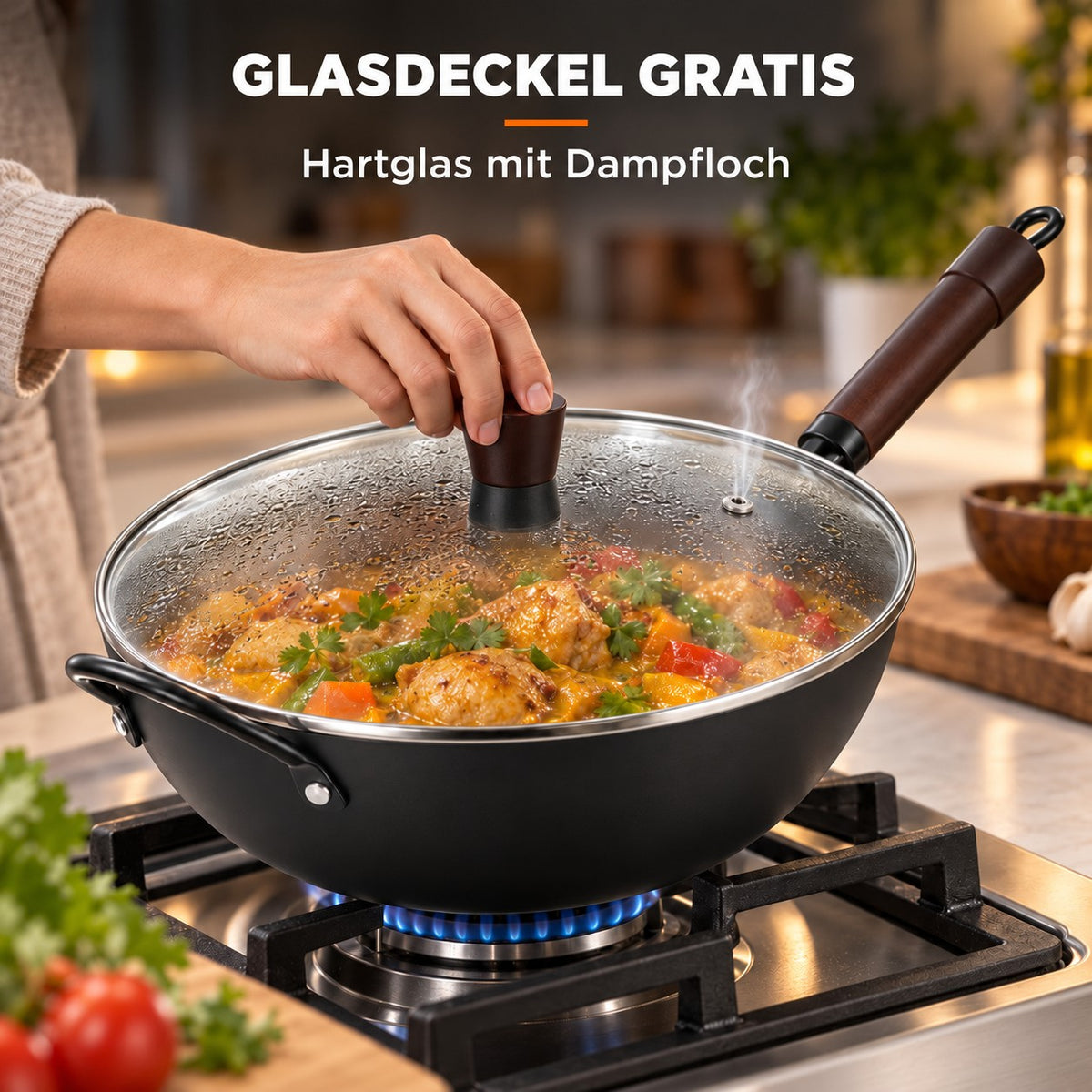 Le Ikari – Eisen Wok Flacher Boden, GLASDECKEL GRATIS: Hartglas mit Dampfloch
