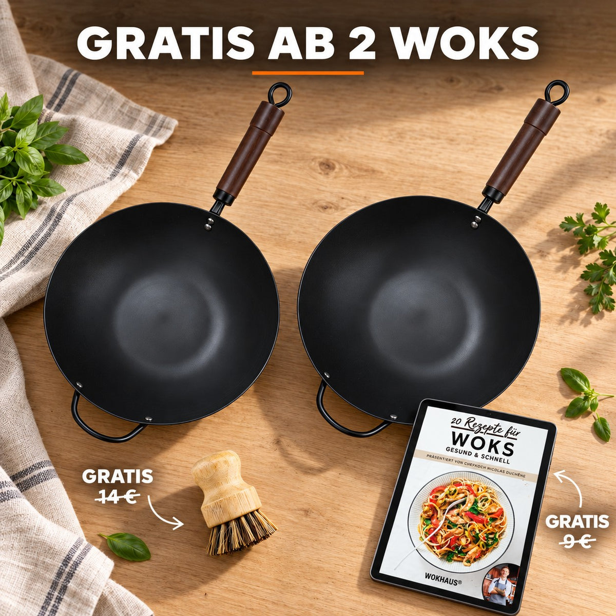 Le Ikari – Eisen Wok Flacher Boden, GRATIS AB 2 WOKS: Bambusbürste (14 €), Rezeptbuch (9 €)