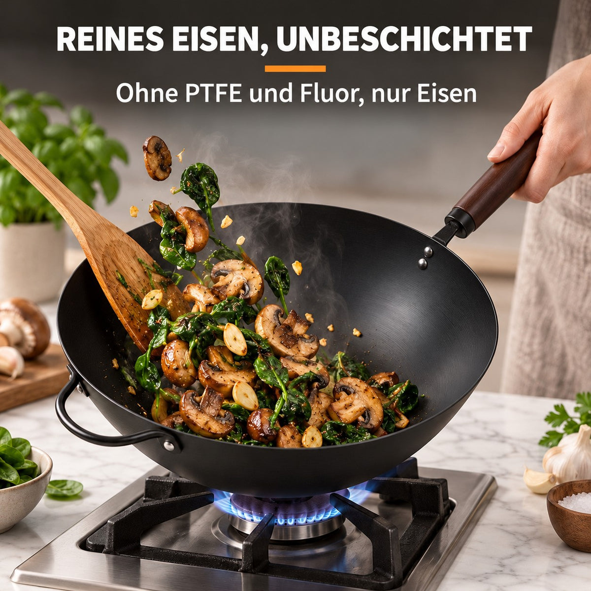 Le Ikari – Eisen Wok Flacher Boden, REINES EISEN, UNBESCHICHTET: Ohne PTFE und Fluor, nur Eisen