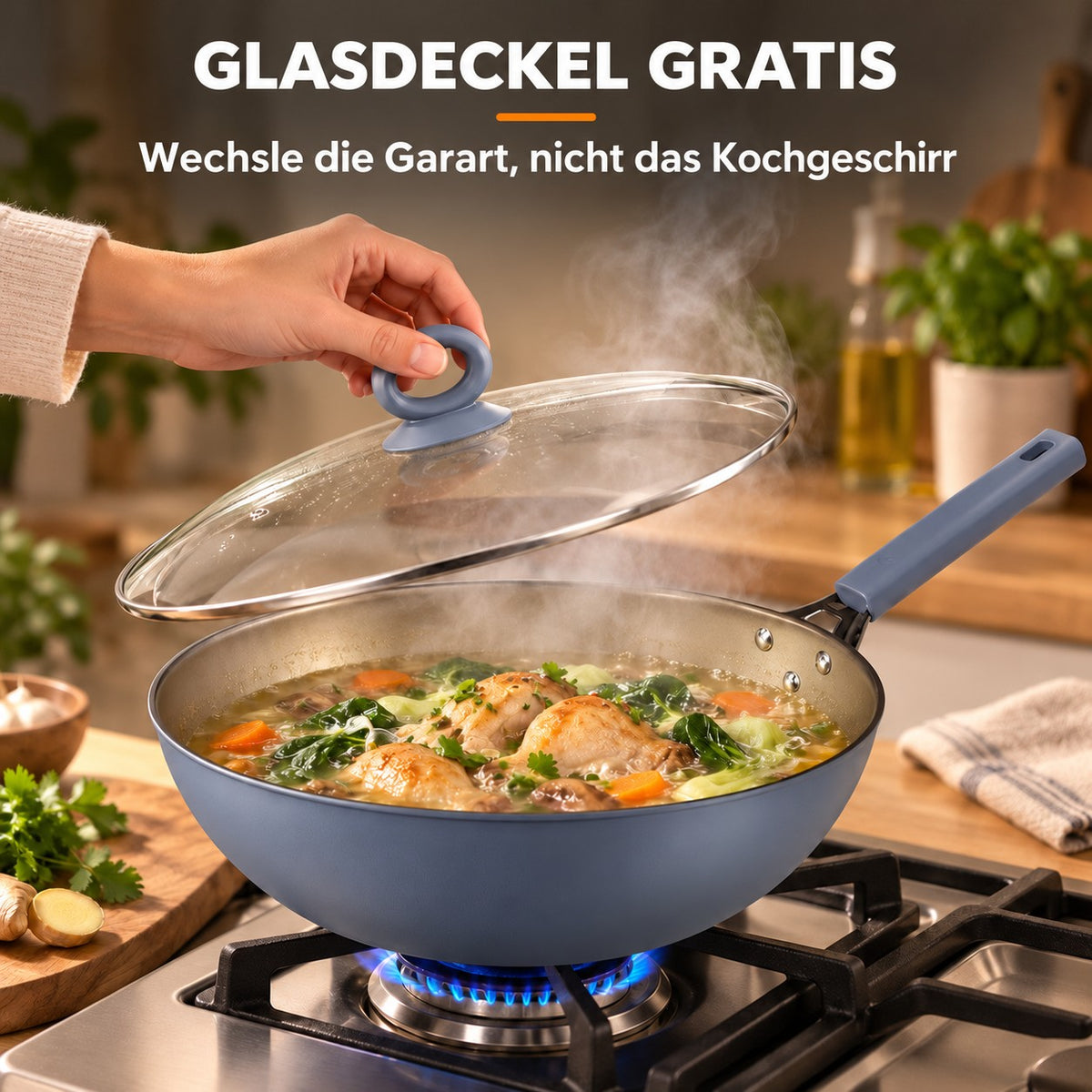 Le Maroki – Eisen Wok für Induktion, GLASDECKEL GRATIS: Wechsle die Garart, nicht das Kochgeschirr