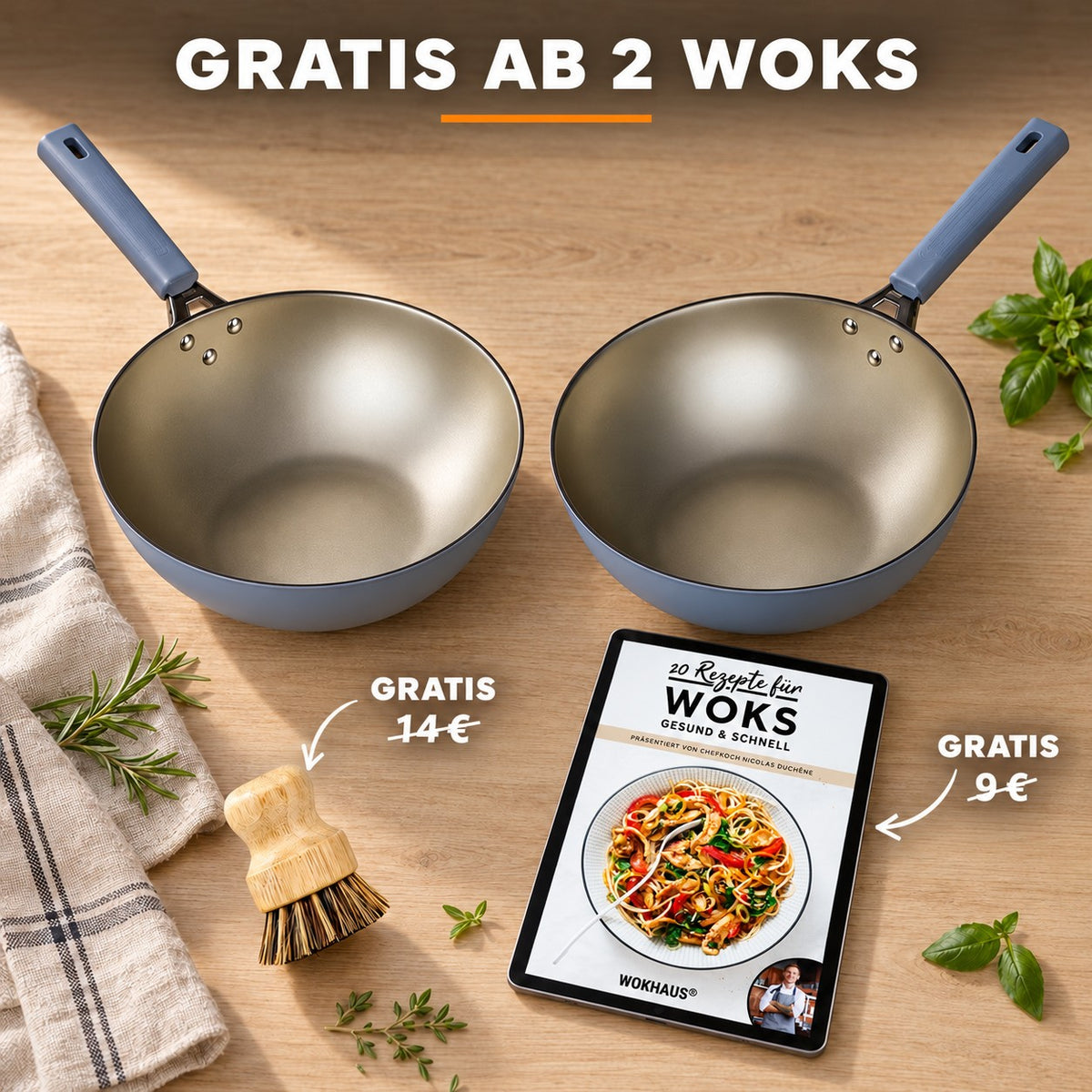 Le Maroki – Eisen Wok für Induktion, GRATIS AB 2 WOKS: Bambusbürste (14 €), Rezeptbuch (9 €)