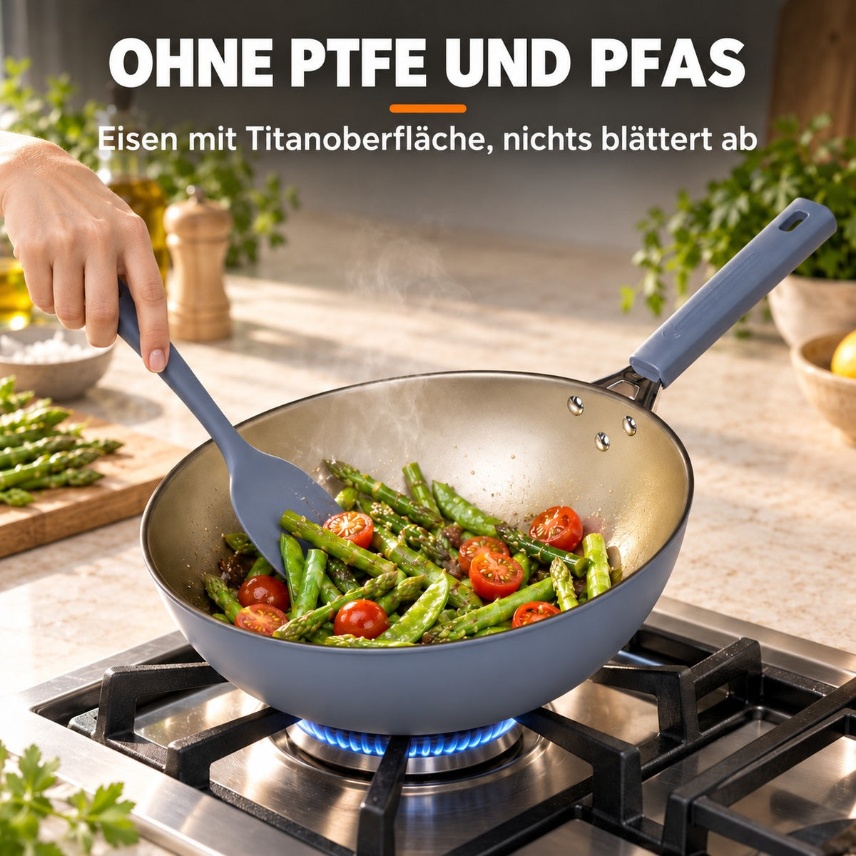 Le Maroki – Eisen Wok für Induktion, OHNE PTFE UND PFAS: Eisen mit Titanoberfläche, nichts blättert ab