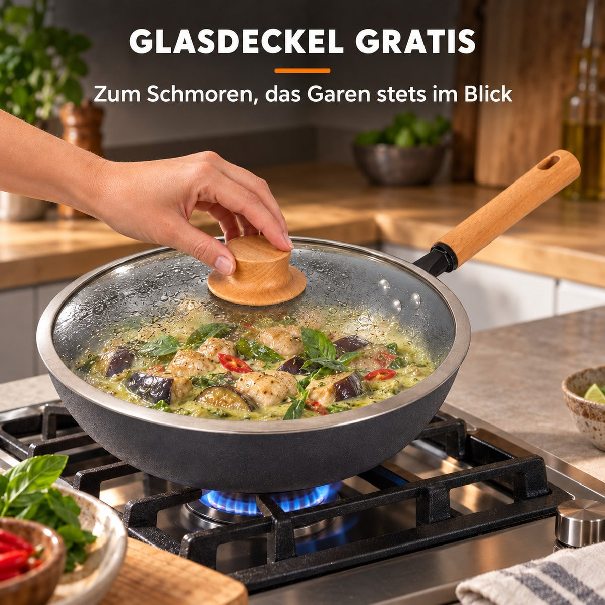 Le Kuroha – Eisen Wok Pfanne, GLASDECKEL GRATIS: Zum Schmoren, das Garen stets im Blick