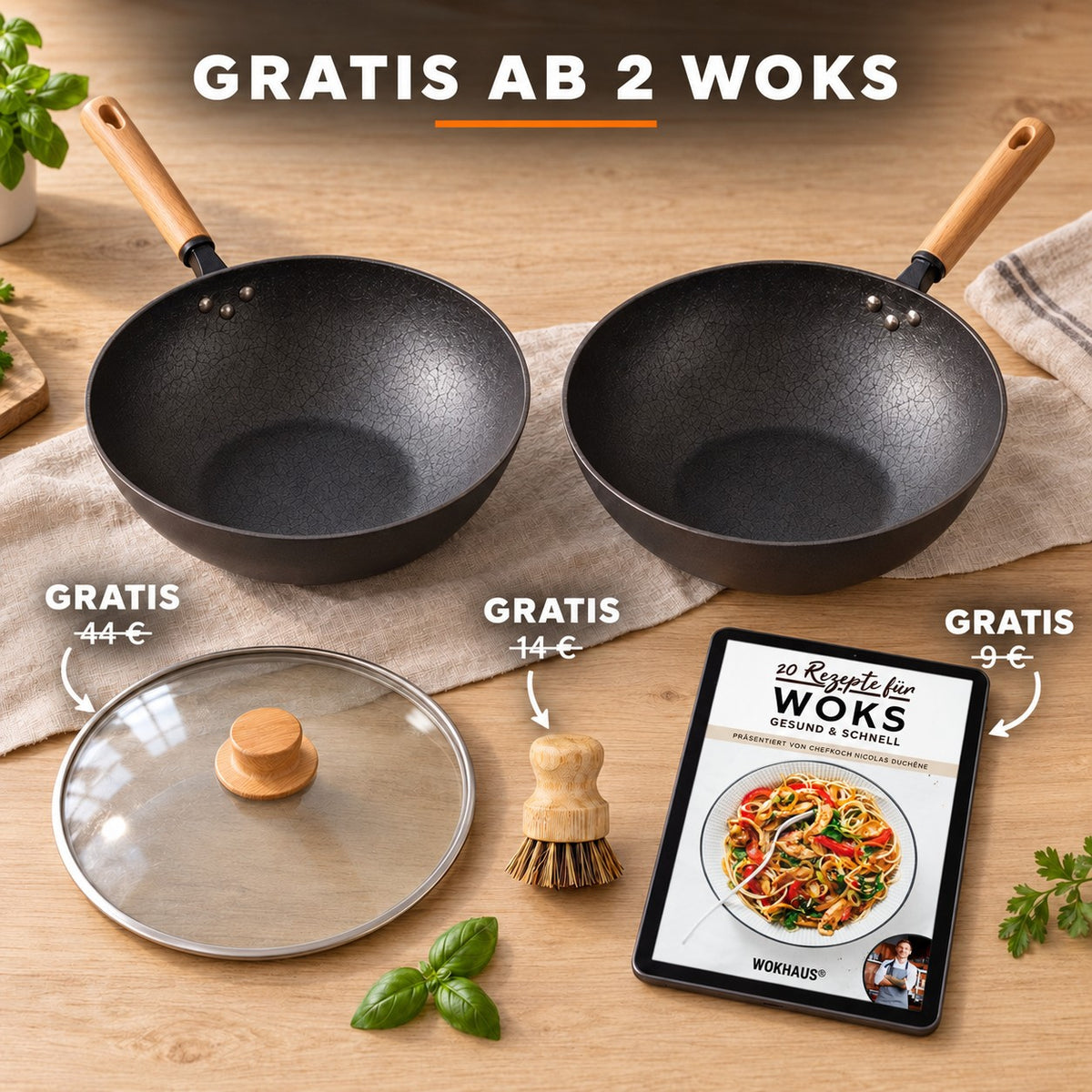 Le Kuroha – Eisen Wok Pfanne, GRATIS AB 2 WOKS: Glasdeckel (44 €), Bambusbürste (14 €), Rezeptbuch (9 €)