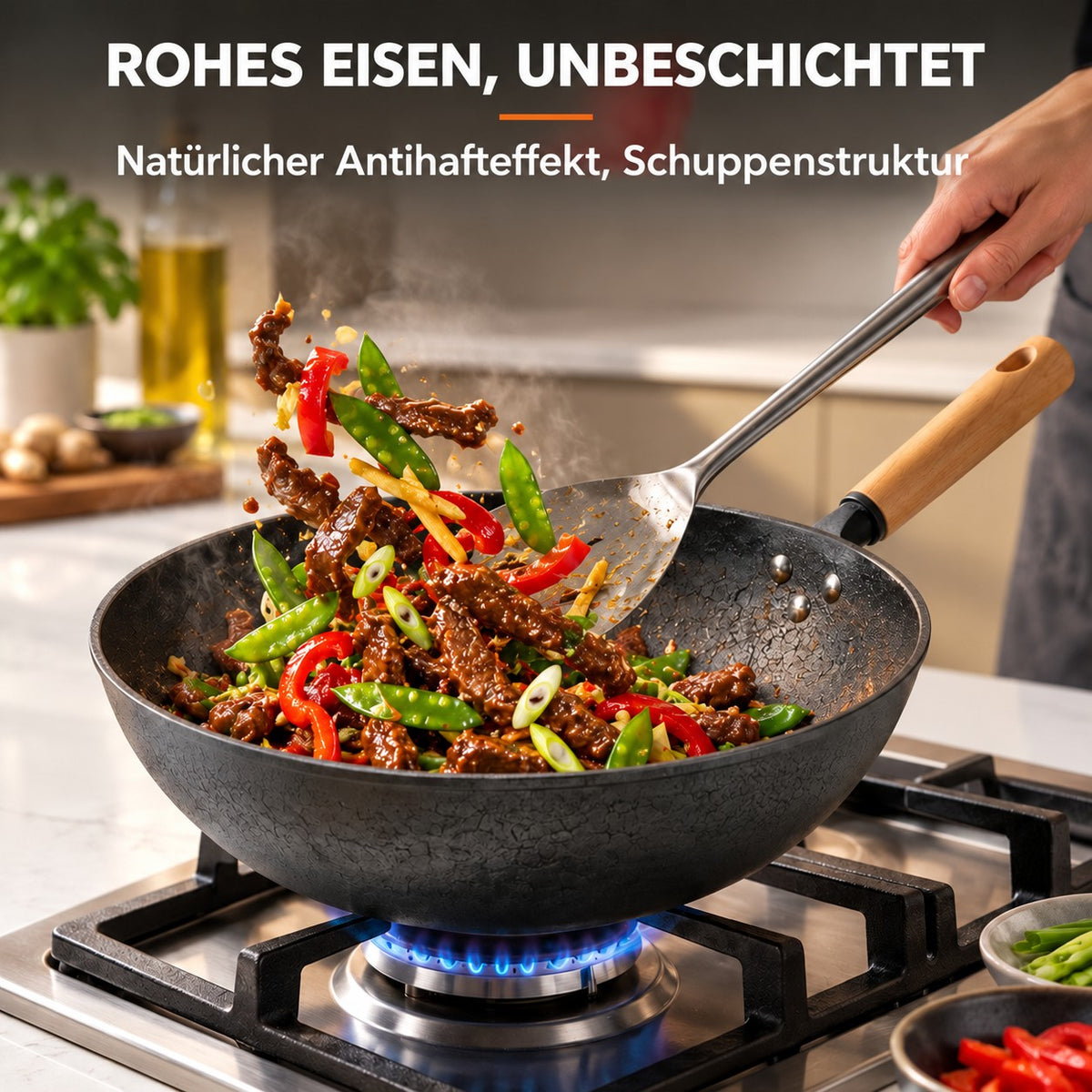 Le Kuroha – Eisen Wok Pfanne, ROHES EISEN, UNBESCHICHTET: Natürlicher Antihafteffekt, Schuppenstruktur