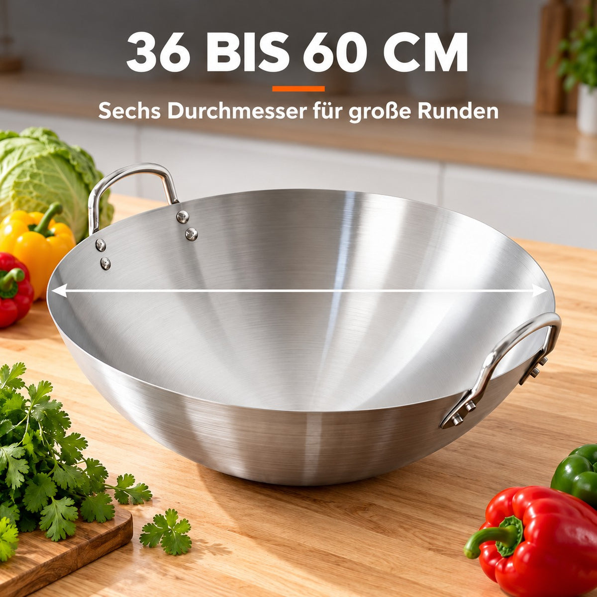 Le Yari – Wok mit Rundboden, 36 BIS 60 CM: Sechs Durchmesser für große Runden