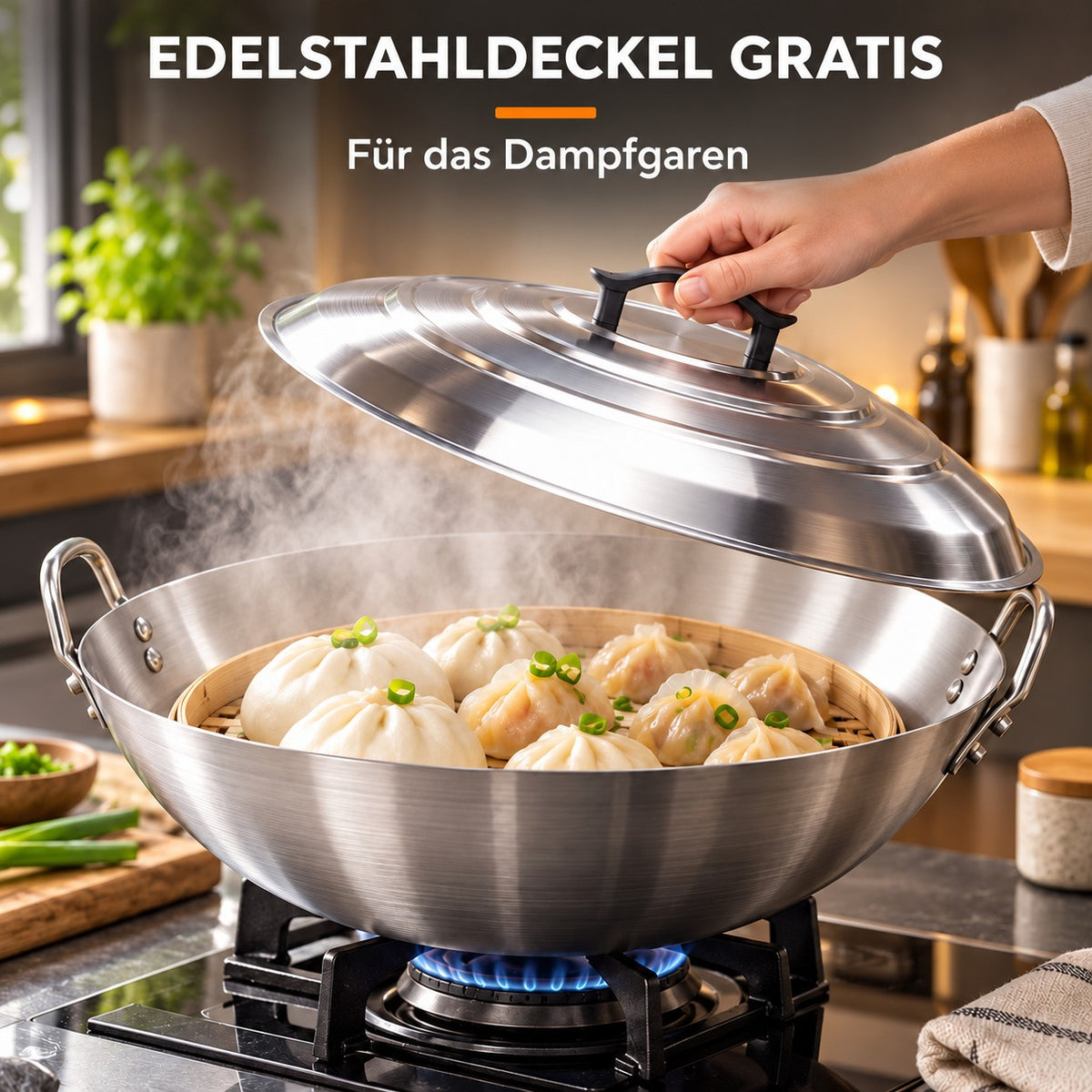 Le Yari – Wok mit Rundboden, EDELSTAHLDECKEL GRATIS: Für das Dampfgaren