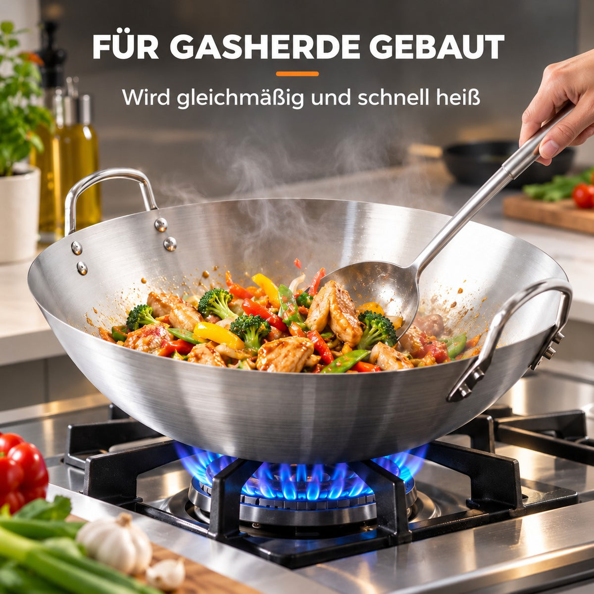 Le Yari – Wok mit Rundboden, FÜR GASHERDE GEBAUT: Wird gleichmäßig und schnell heiß