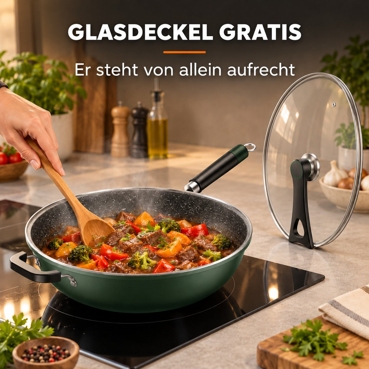 Le Nakimi – Gesunde Wok Pfanne, GLASDECKEL GRATIS: Er steht von allein aufrecht
