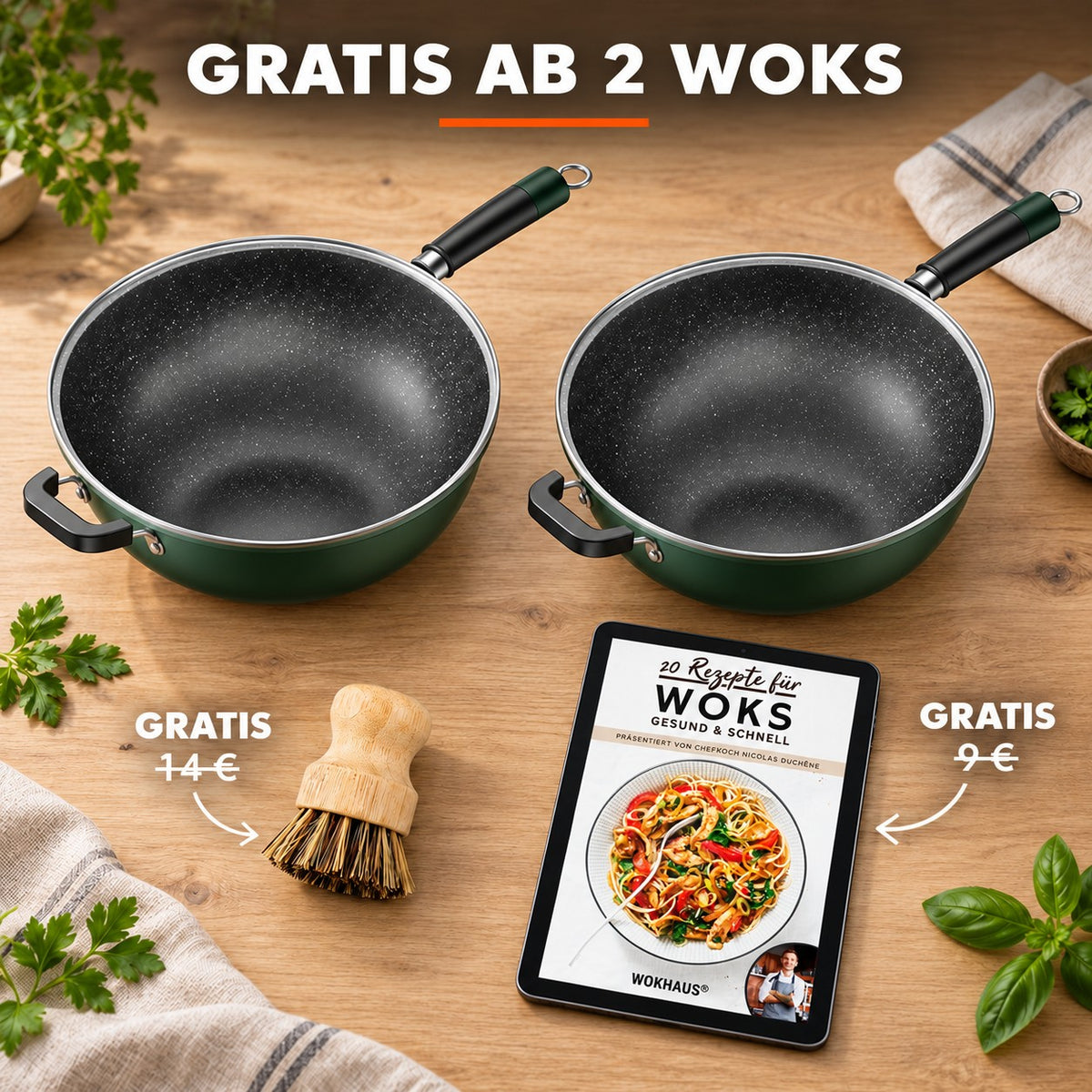Le Nakimi – Gesunde Wok Pfanne, GRATIS AB 2 WOKS: Bambusbürste (14 €), Rezeptbuch (9 €)