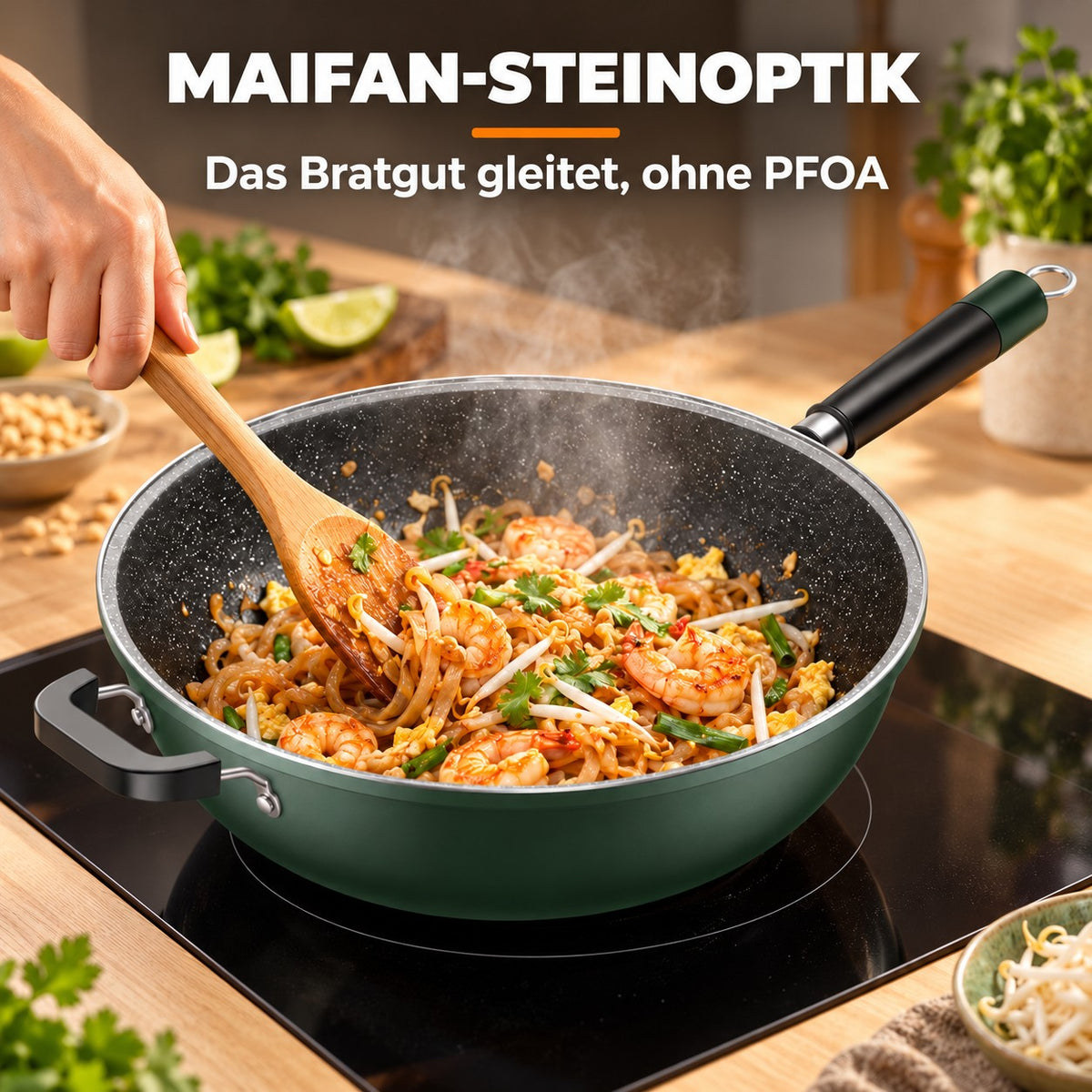 Le Nakimi – Gesunde Wok Pfanne, MAIFAN-STEINOPTIK: Das Bratgut gleitet, ohne PFOA