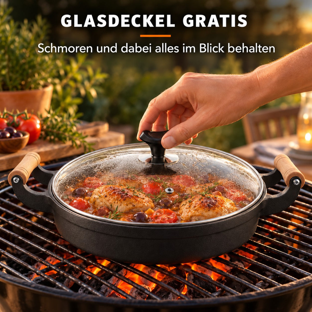 Le Gamaksan – Gusseisen Bbq Wok, GLASDECKEL GRATIS: Schmoren und dabei alles im Blick behalten