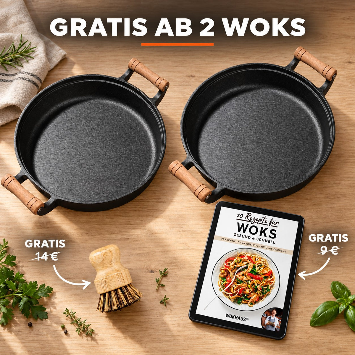 Le Gamaksan – Gusseisen Bbq Wok, GRATIS AB 2 WOKS: Bambusbürste (14 €), Rezeptbuch (9 €)