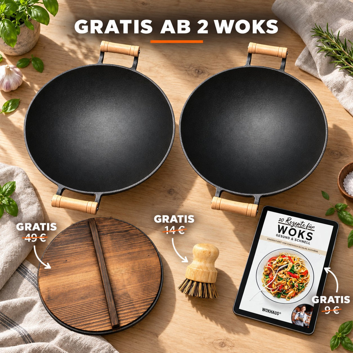 Le Jangsan – Gusseisen Wok für Grill, GRATIS AB 2 WOKS: Holzdeckel (49 €), Bambusbürste (14 €), Rezeptbuch (9 €)