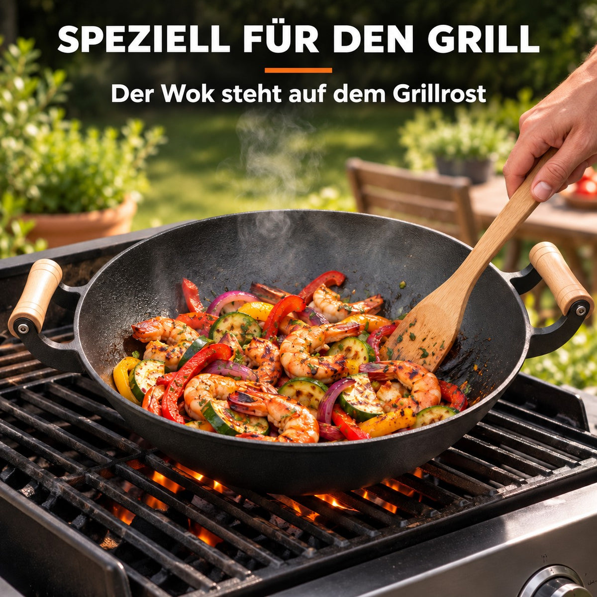 Le Jangsan – Gusseisen Wok für Grill, SPEZIELL FÜR DEN GRILL: Der Wok steht auf dem Grillrost