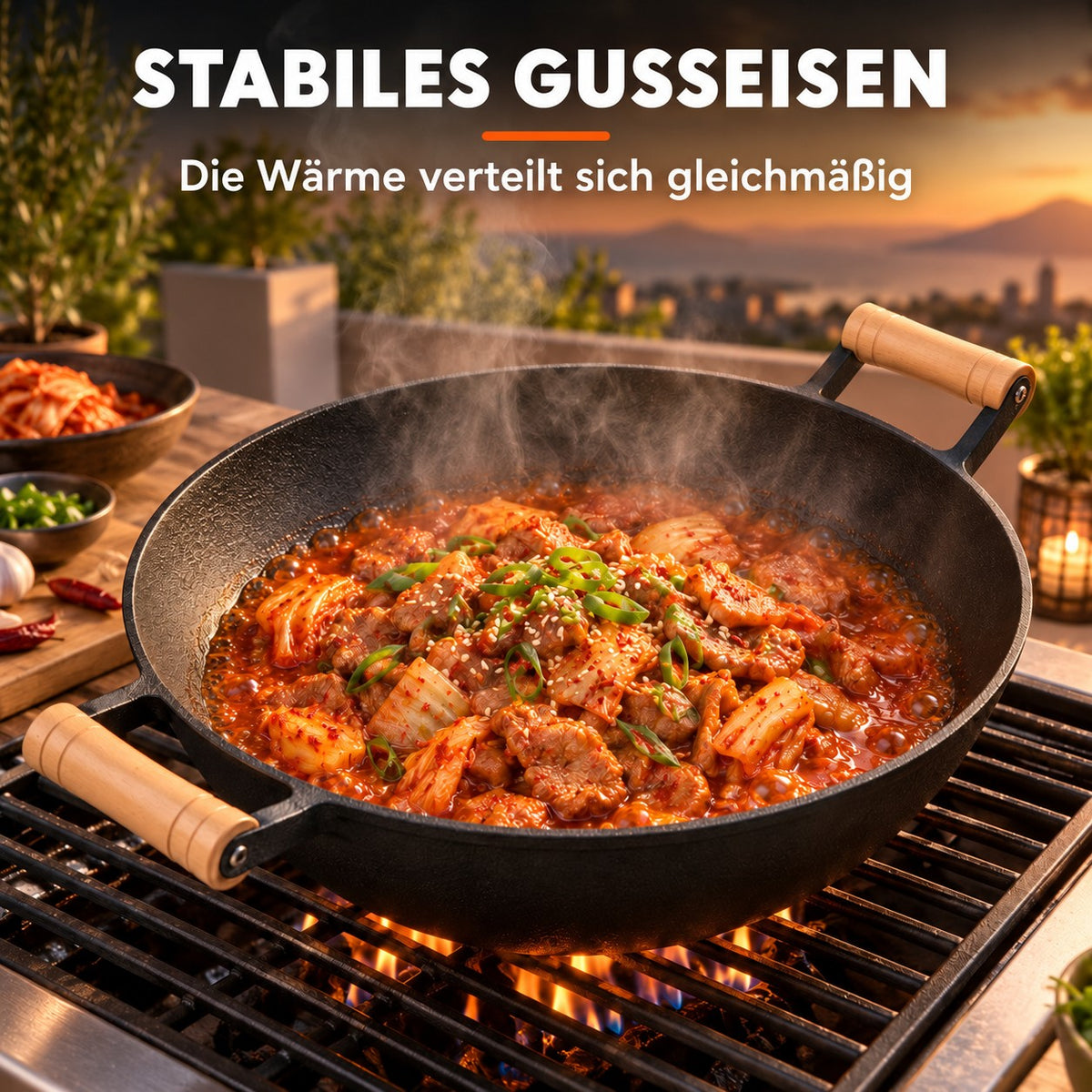 Le Jangsan – Gusseisen Wok für Grill, STABILES GUSSEISEN: Die Wärme verteilt sich gleichmäßig
