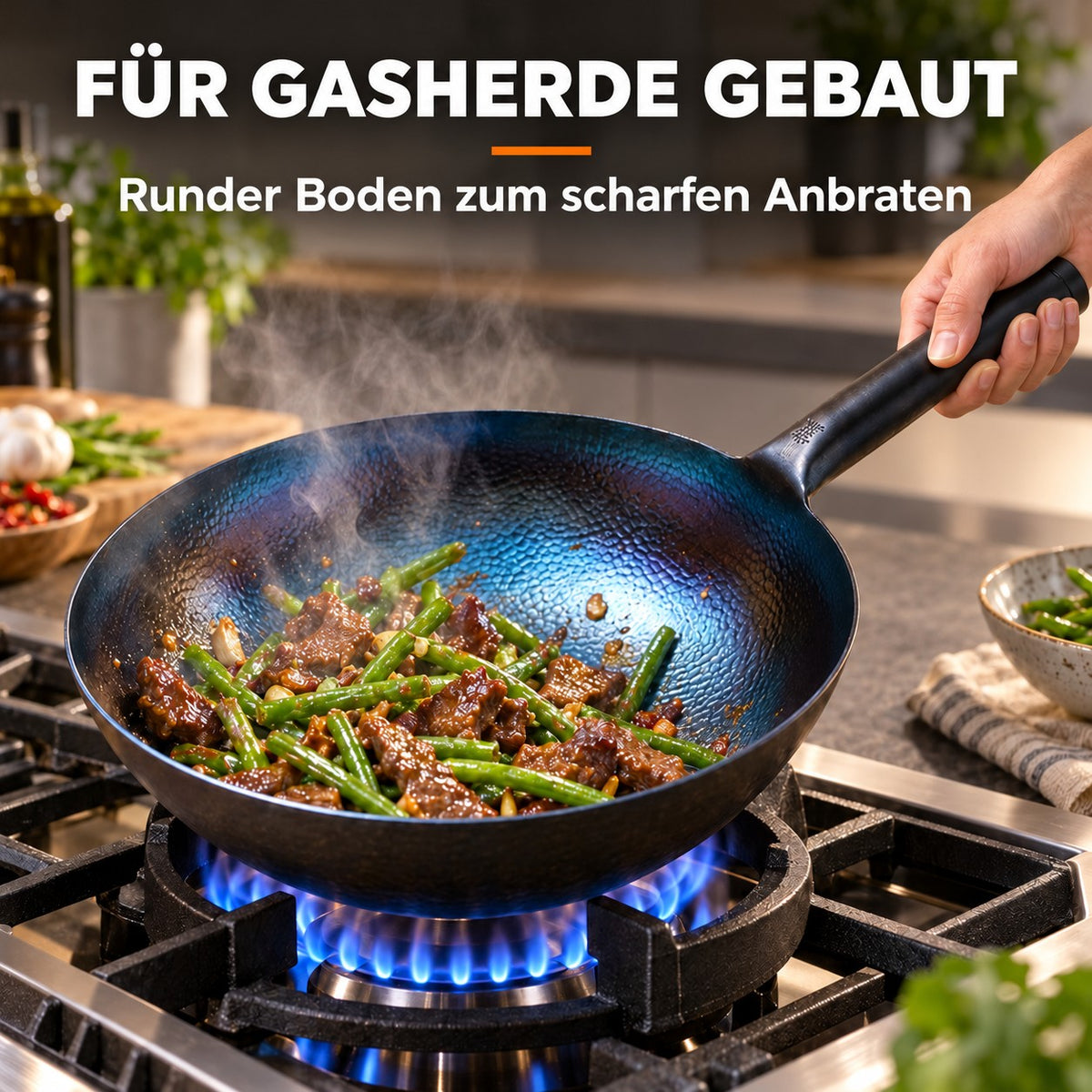 Le Kasoma – Gehämmerter Wok, FÜR GASHERDE GEBAUT: Runder Boden zum scharfen Anbraten