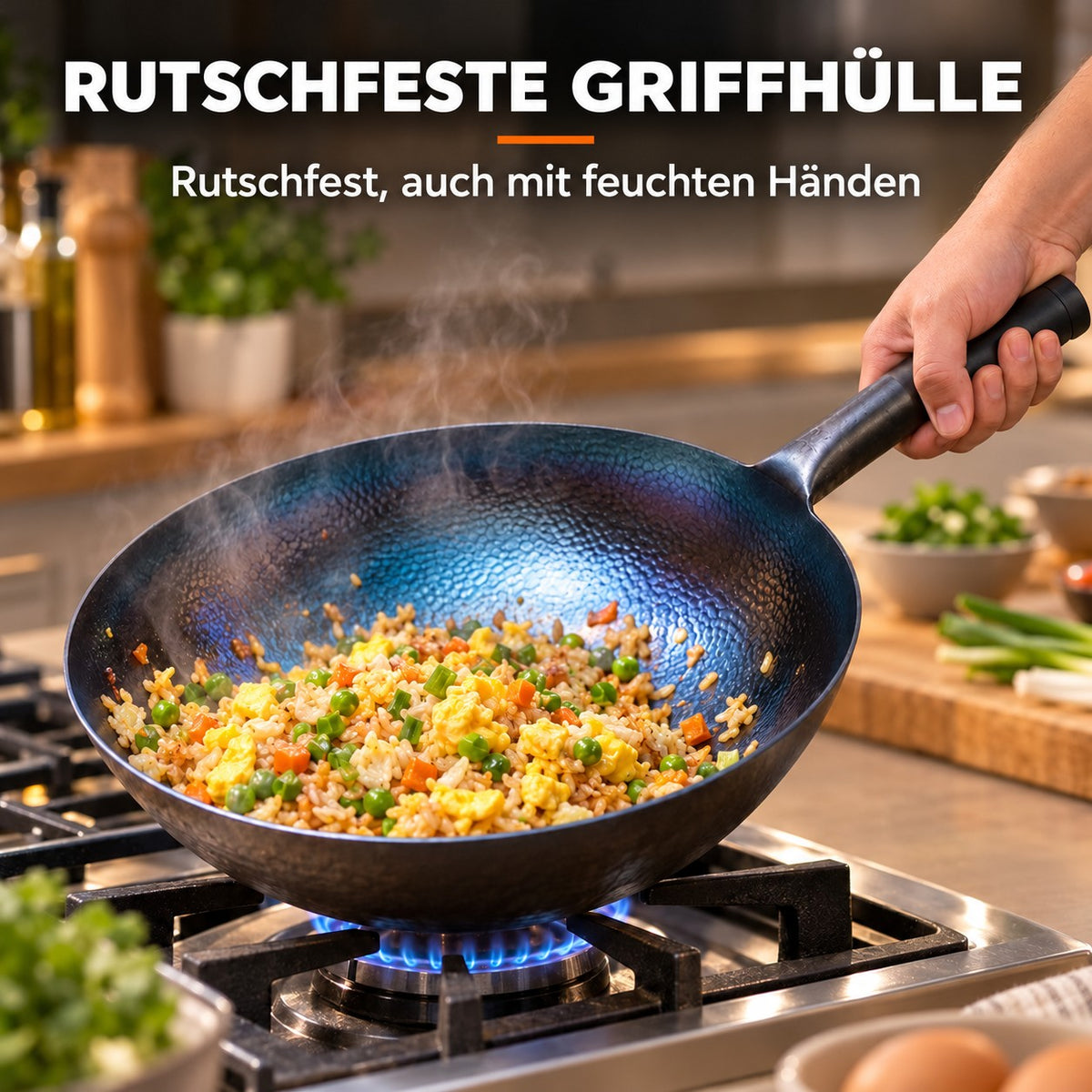 Le Kasoma – Gehämmerter Wok, RUTSCHFESTE GRIFFHÜLLE: Rutschfest, auch mit feuchten Händen