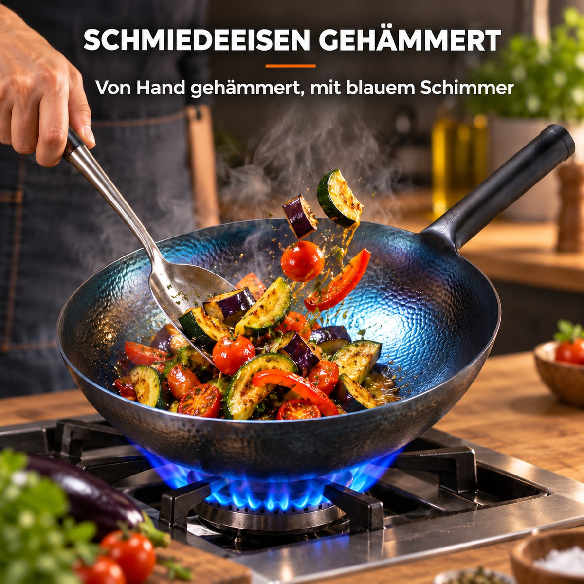 Le Kasoma – Gehämmerter Wok, SCHMIEDEEISEN GEHÄMMERT: Von Hand gehämmert, mit blauem Schimmer