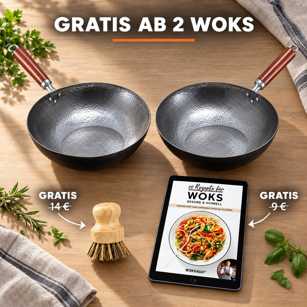 Le Senjo – Geschmiedeter Eisenwok, GRATIS AB 2 WOKS: Bambusbürste (14 €), Rezeptbuch (9 €)