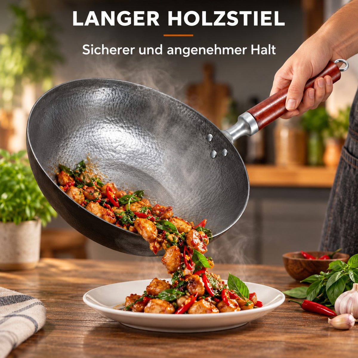 Le Senjo – Geschmiedeter Eisenwok, LANGER HOLZSTIEL: Sicherer und angenehmer Halt