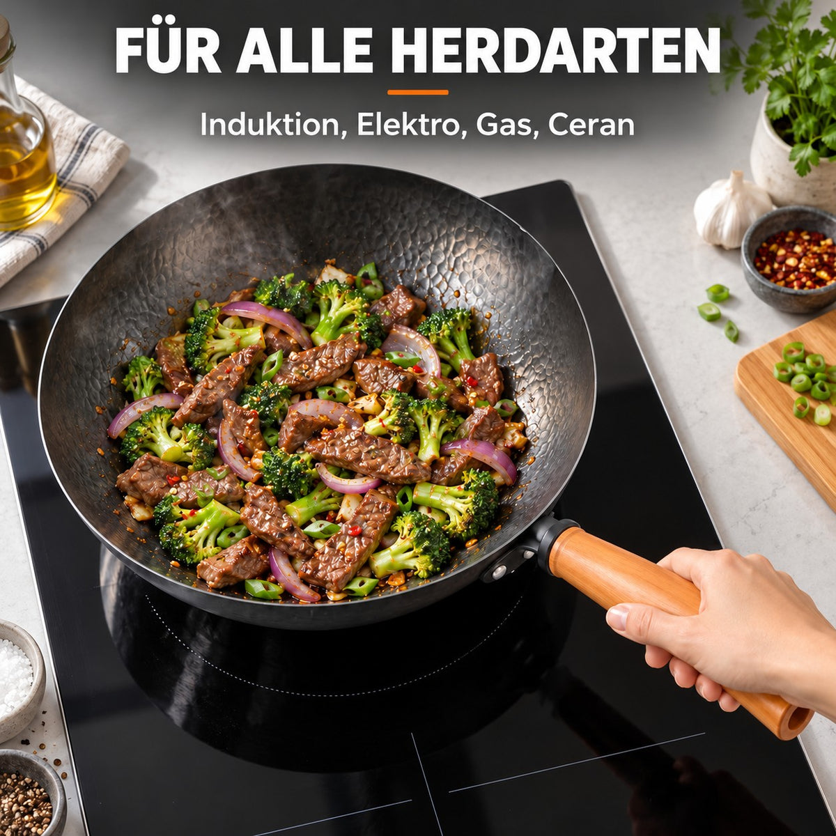 Le Daisetsu – Geschmiedeter Wok, FÜR ALLE HERDARTEN: Induktion, Elektro, Gas, Ceran