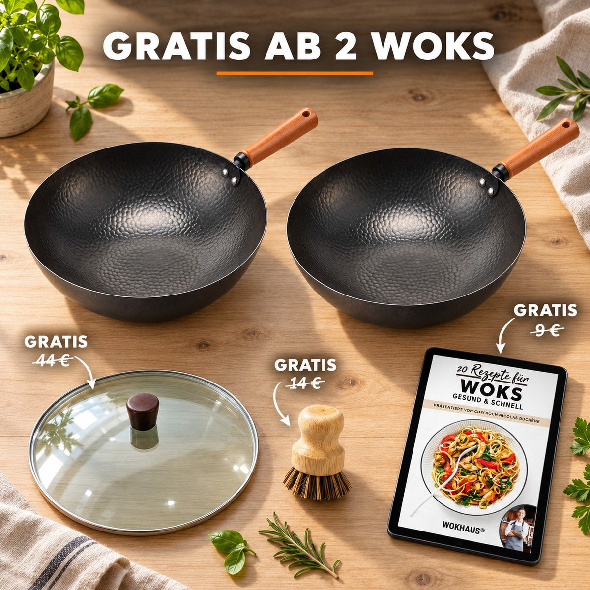 Le Daisetsu – Geschmiedeter Wok, GRATIS AB 2 WOKS: Glasdeckel (44 €), Bambusbürste (14 €), Rezeptbuch (9 €)