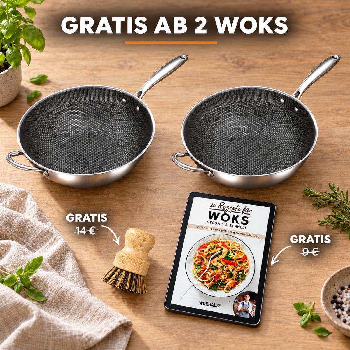 Le Iwaki – Honeycomb Wok, GRATIS AB 2 WOKS: Bambusbürste (14 €), Rezeptbuch (9 €)