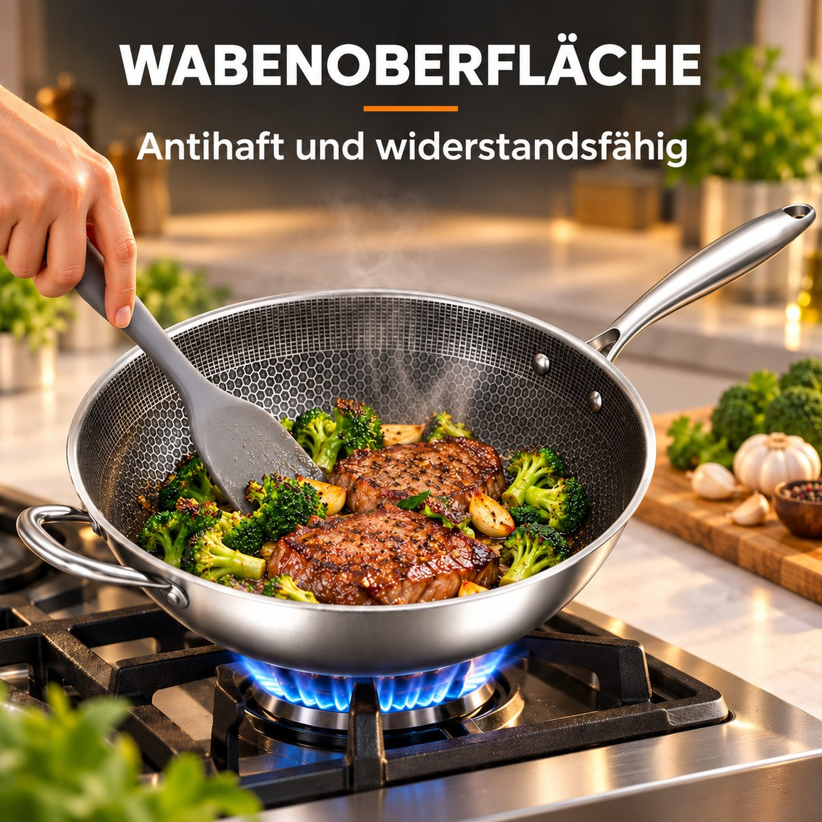 Le Iwaki – Honeycomb Wok, WABENOBERFLÄCHE: Antihaft und widerstandsfähig