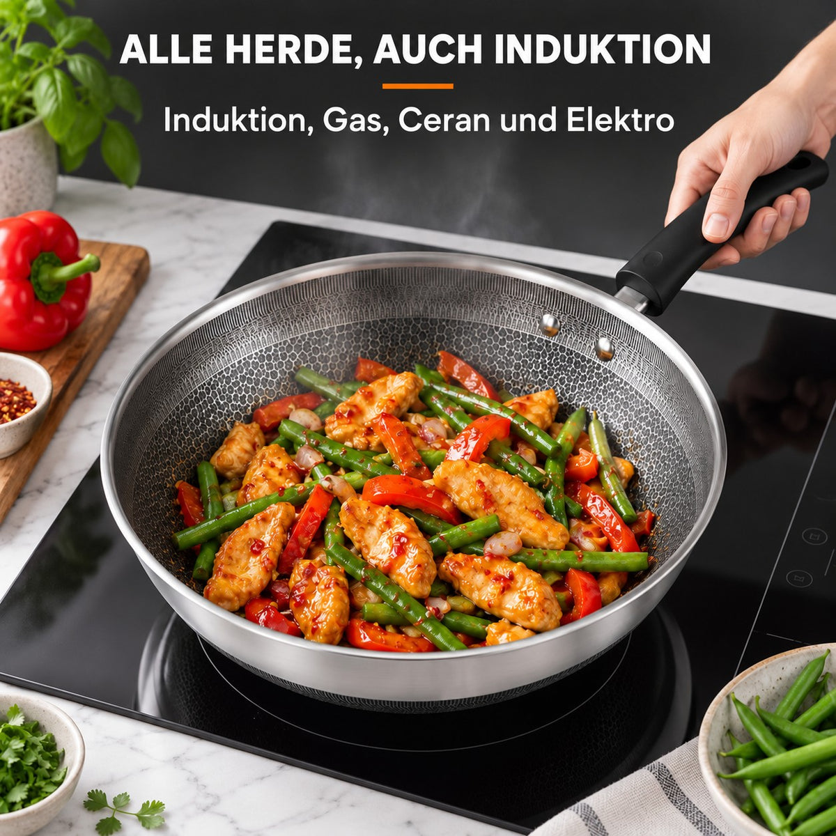 Le Akagi – Honeycomb Wok mit Deckel, ALLE HERDE, AUCH INDUKTION: Induktion, Gas, Ceran und Elektro
