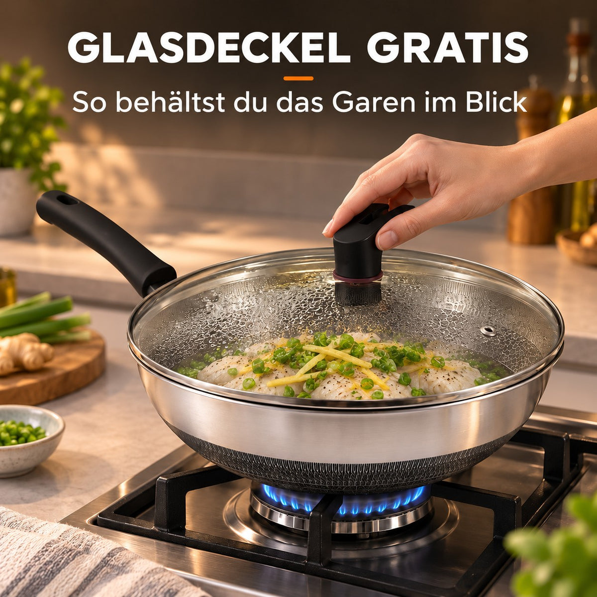 Le Akagi – Honeycomb Wok mit Deckel, GLASDECKEL GRATIS: So behältst du das Garen im Blick