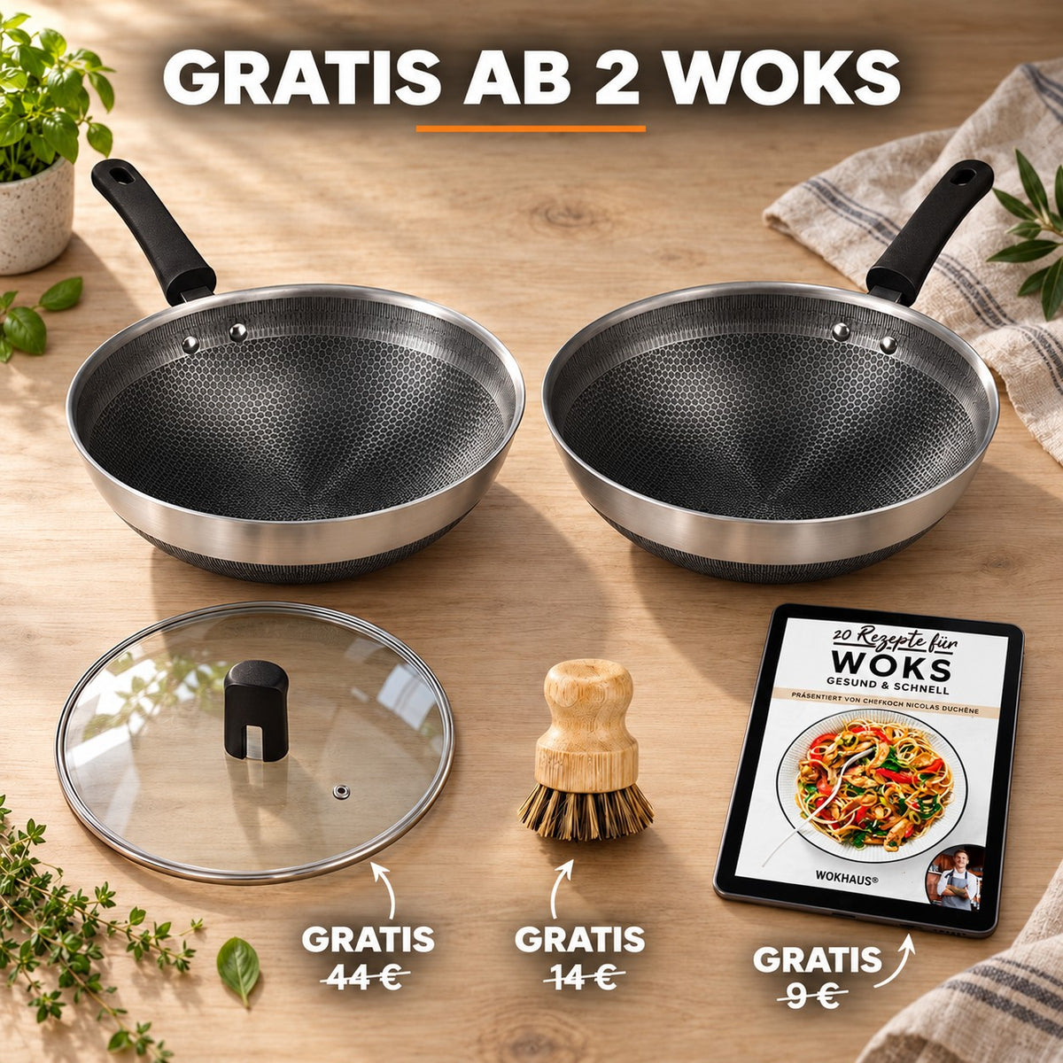Le Akagi – Honeycomb Wok mit Deckel, GRATIS AB 2 WOKS: Glasdeckel (44 €), Bambusbürste (14 €), Rezeptbuch (9 €)