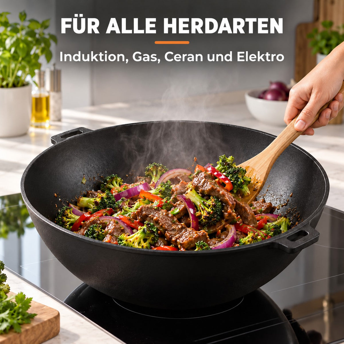 Le Manaka – Induktionsgeeigneter Gusseisen-Wok, FÜR ALLE HERDARTEN: Induktion, Gas, Ceran und Elektro
