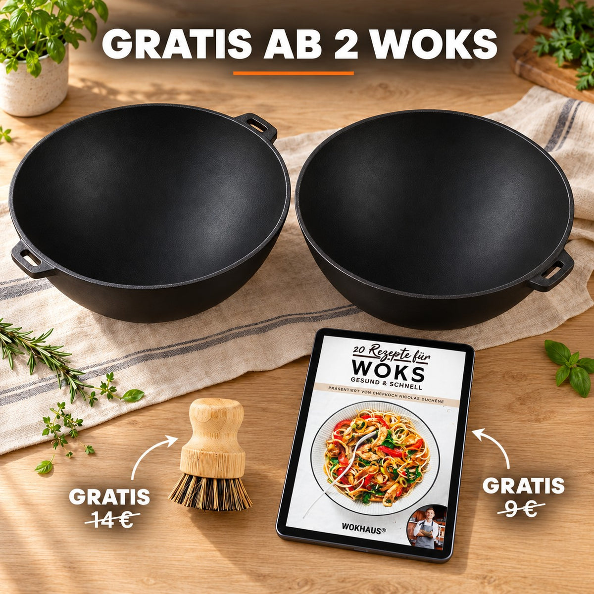 Le Manaka – Induktionsgeeigneter Gusseisen-Wok, GRATIS AB 2 WOKS: Bambusbürste (14 €), Rezeptbuch (9 €)