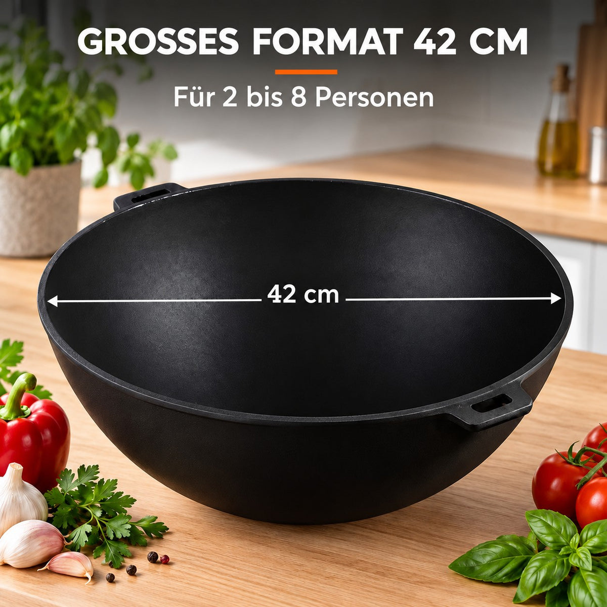 Le Manaka – Induktionsgeeigneter Gusseisen-Wok, GROSSES FORMAT 42 CM: Für 2 bis 8 Personen