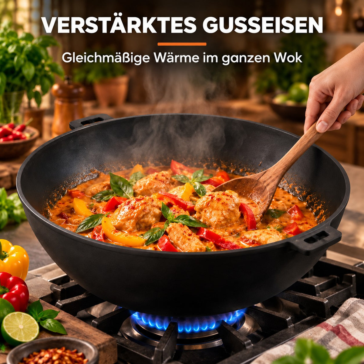 Le Manaka – Induktionsgeeigneter Gusseisen-Wok, VERSTÄRKTES GUSSEISEN: Gleichmäßige Wärme im ganzen Wok