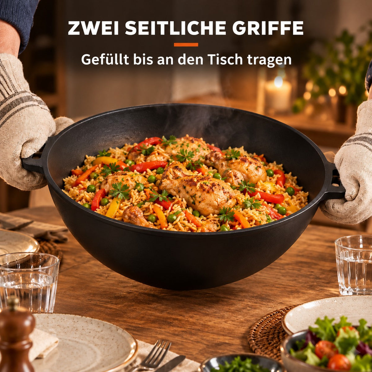 Le Manaka – Induktionsgeeigneter Gusseisen-Wok, ZWEI SEITLICHE GRIFFE: Gefüllt bis an den Tisch tragen