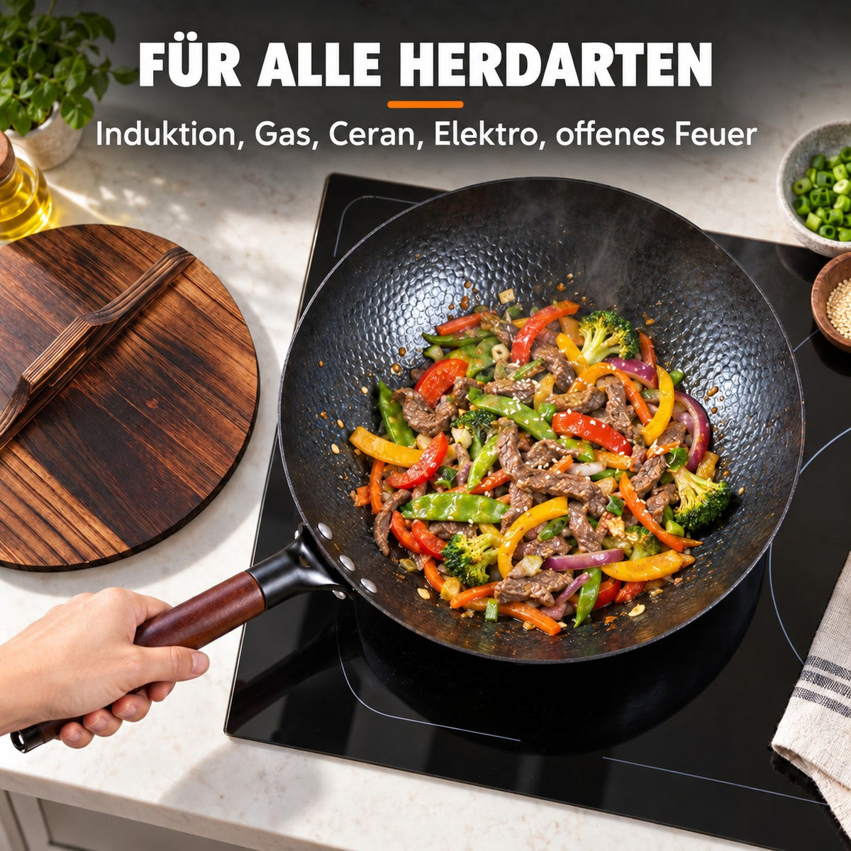 Le Shirane – Japanischer Karbonstahl-Wok, FÜR ALLE HERDARTEN: Induktion, Gas, Ceran, Elektro, offenes Feuer