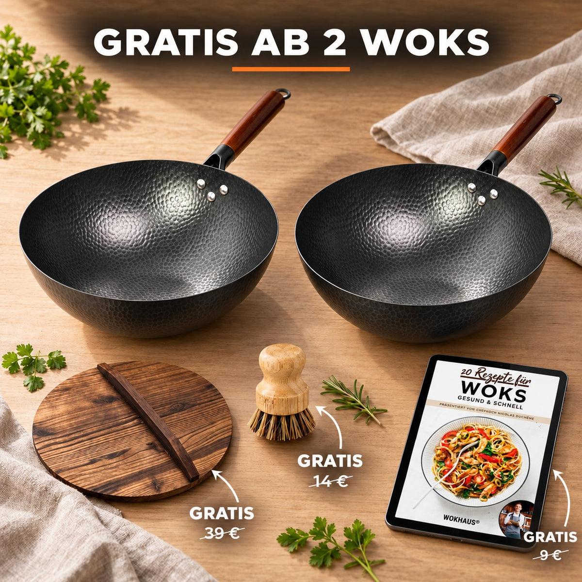 Le Shirane – Japanischer Karbonstahl-Wok, GRATIS AB 2 WOKS: Holzdeckel (39 €), Bambusbürste (14 €), Rezeptbuch (9 €)