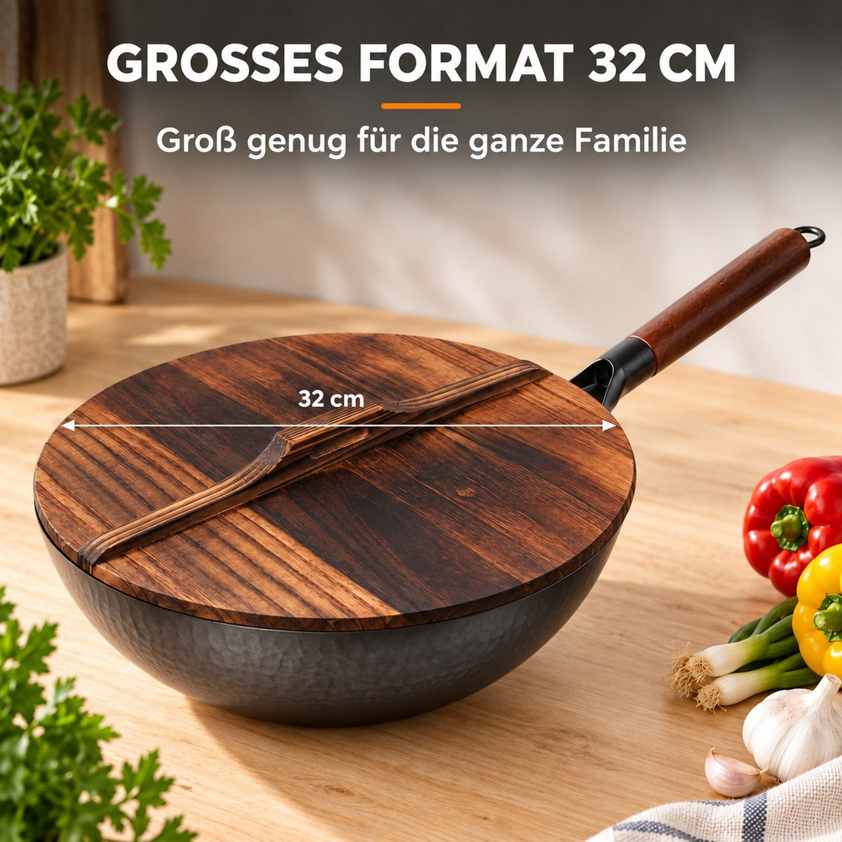 Le Shirane – Japanischer Karbonstahl-Wok, GROSSES FORMAT 32 CM: Groß genug für die ganze Familie