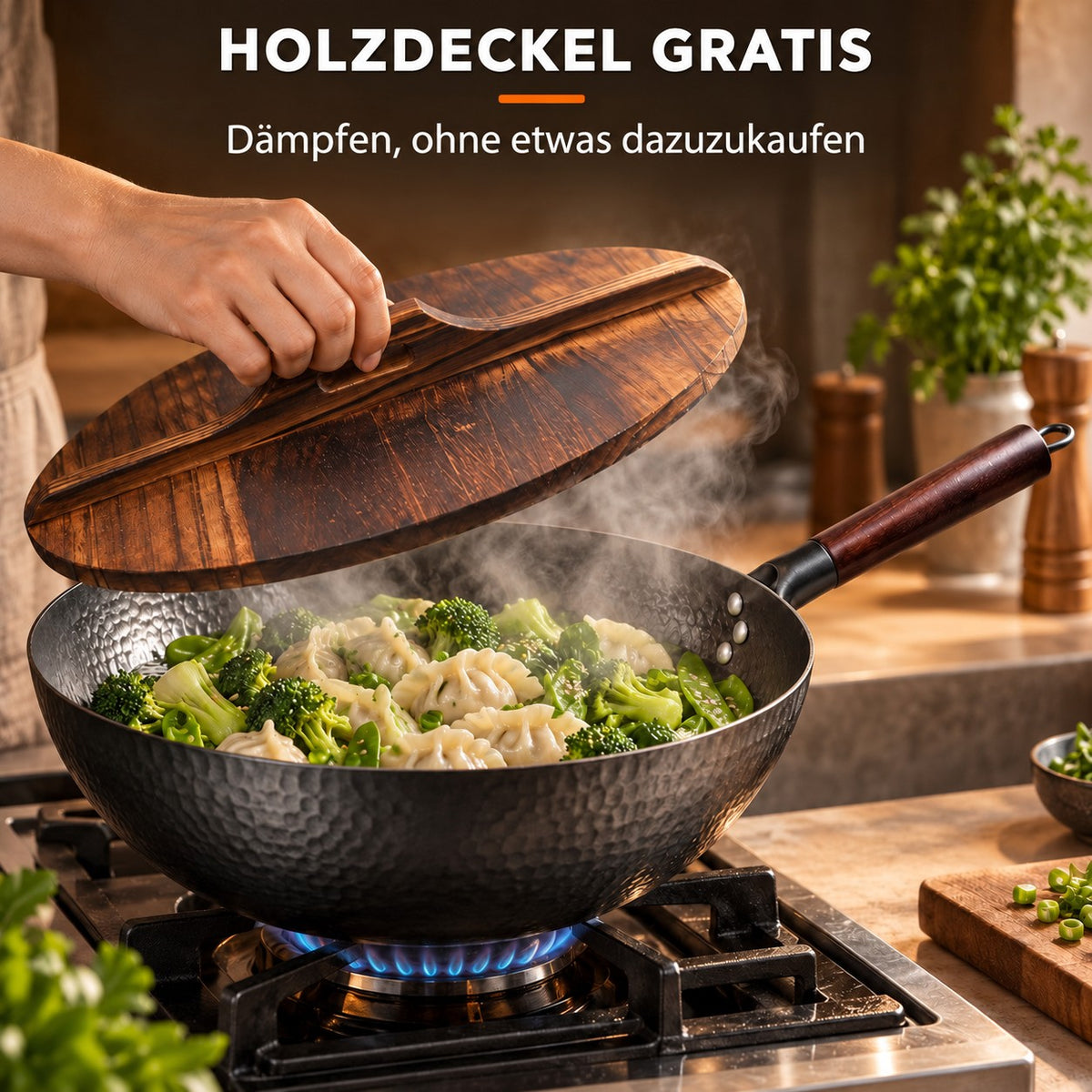 Le Shirane – Japanischer Karbonstahl-Wok, HOLZDECKEL GRATIS: Dämpfen, ohne etwas dazuzukaufen