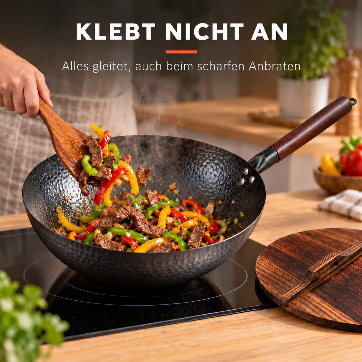 Le Shirane – Japanischer Karbonstahl-Wok, KLEBT NICHT AN: Alles gleitet, auch beim scharfen Anbraten