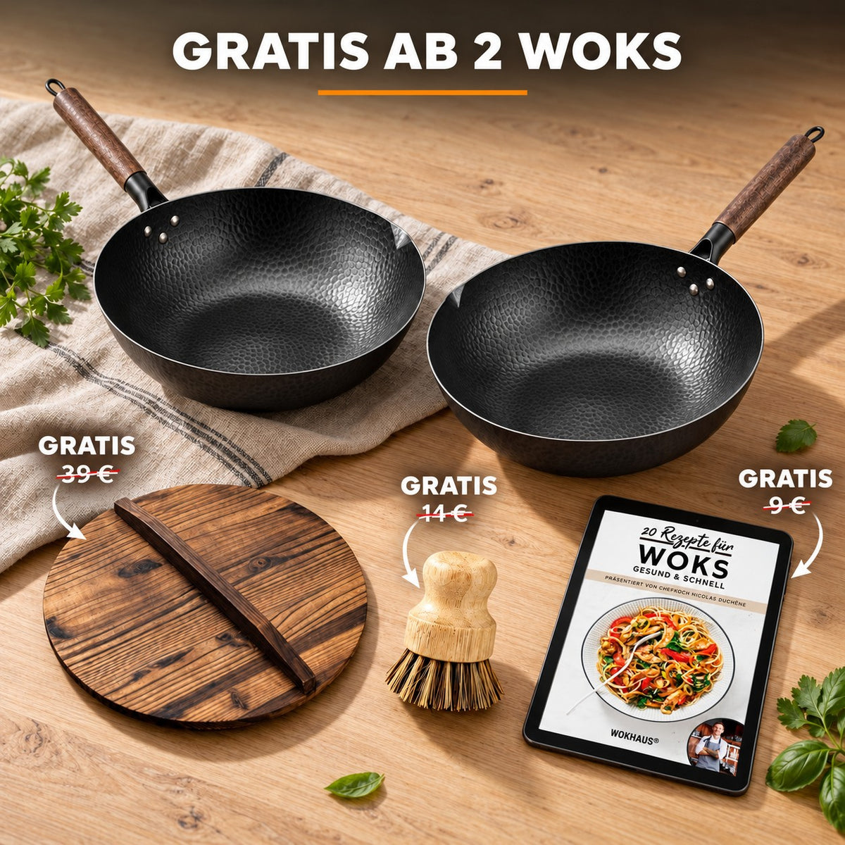 Le Miguri – Japanischer Profiwok Großformat, GRATIS AB 2 WOKS: Holzdeckel (39 €), Bambusbürste (14 €), Rezeptbuch (9 €)