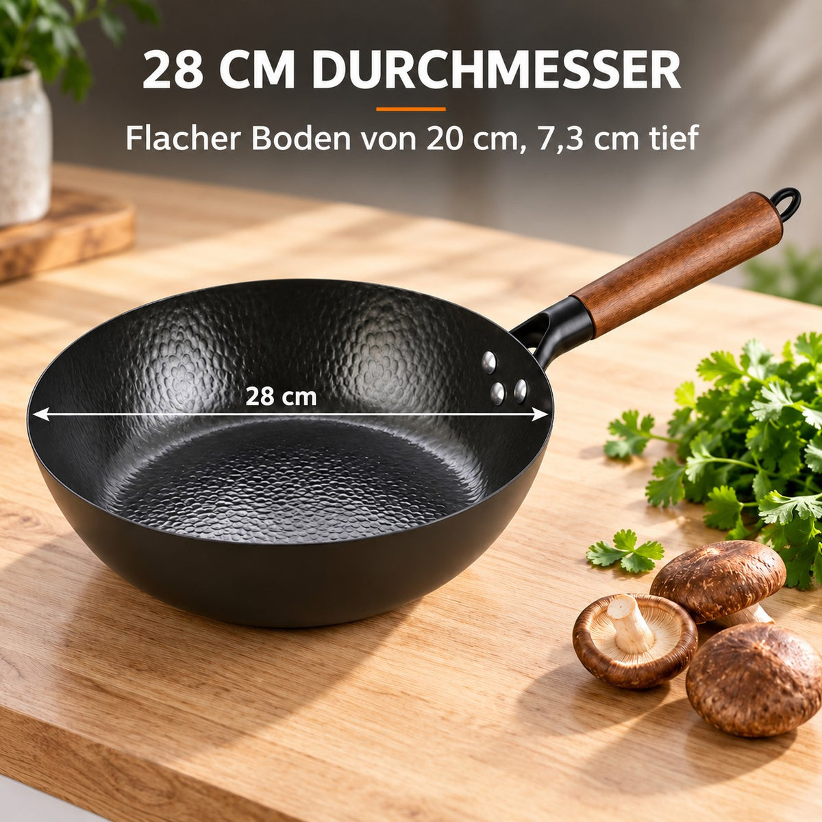 Le Rokko – Japanischer Wok, 28 CM DURCHMESSER: Flacher Boden von 20 cm, 7,3 cm tief