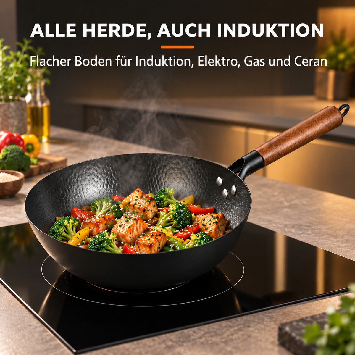 Le Rokko – Japanischer Wok, ALLE HERDE, AUCH INDUKTION: Flacher Boden für Induktion, Elektro, Gas und Ceran