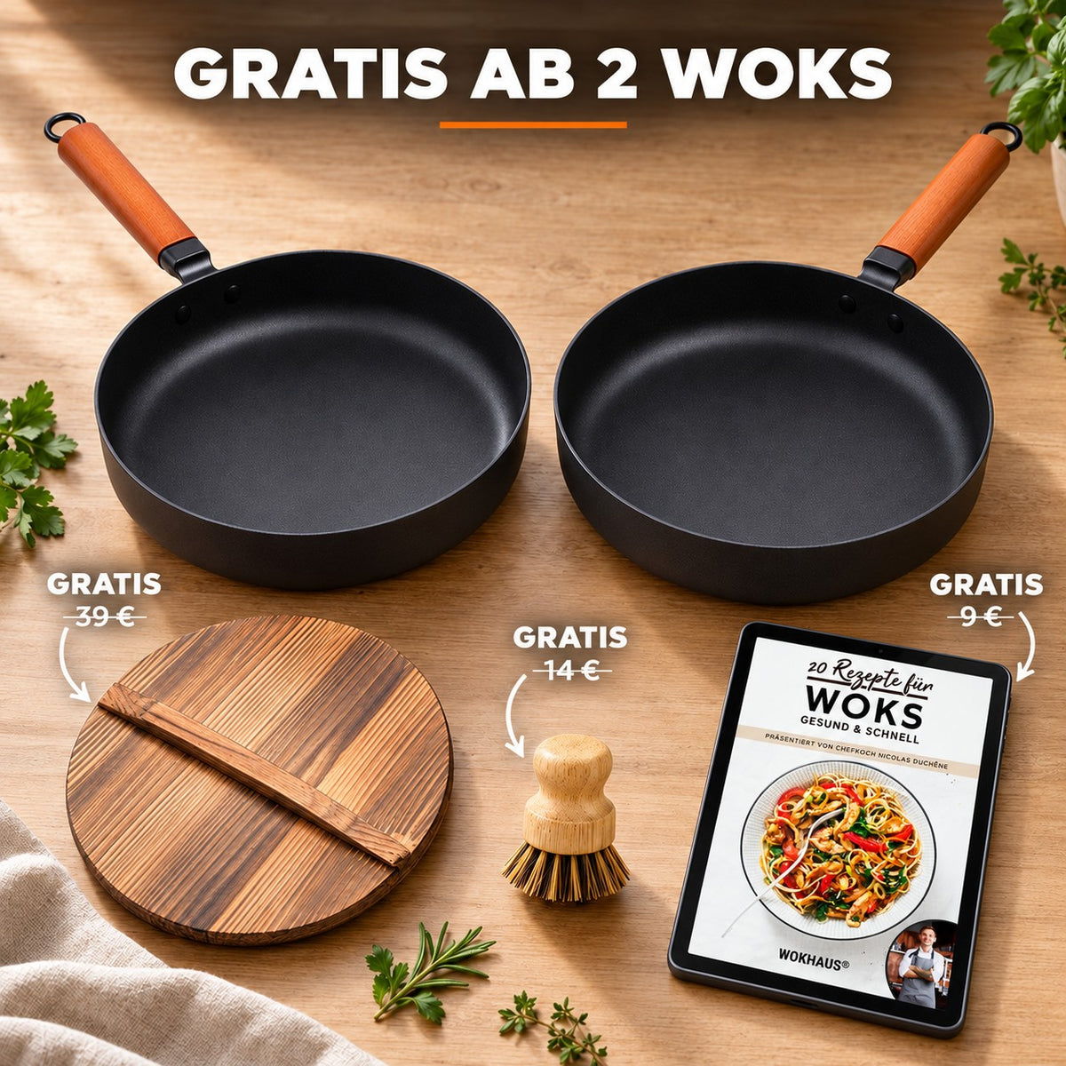 Le Takachiho – Karbonstahl Wok ohne Beschichtung, GRATIS AB 2 WOKS: Holzdeckel (39 €), Bambusbürste (14 €), Rezeptbuch (9 €)
