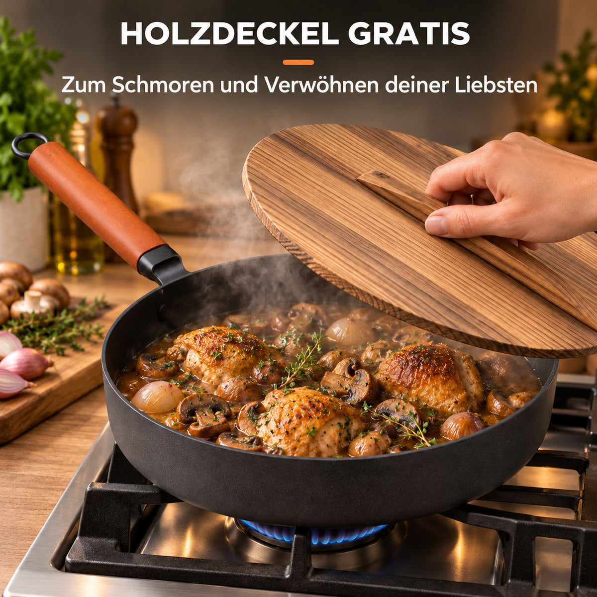 Le Takachiho – Karbonstahl Wok ohne Beschichtung, HOLZDECKEL GRATIS: Zum Schmoren und Verwöhnen deiner Liebsten
