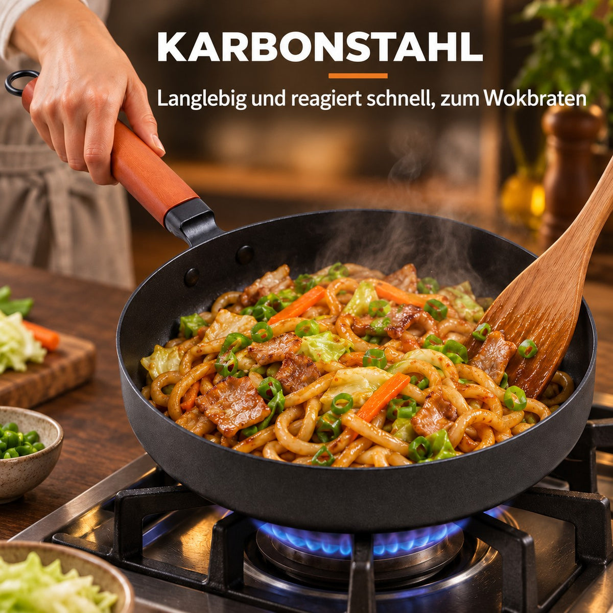Le Takachiho – Karbonstahl Wok ohne Beschichtung, KARBONSTAHL: Langlebig und reagiert schnell, zum Wokbraten