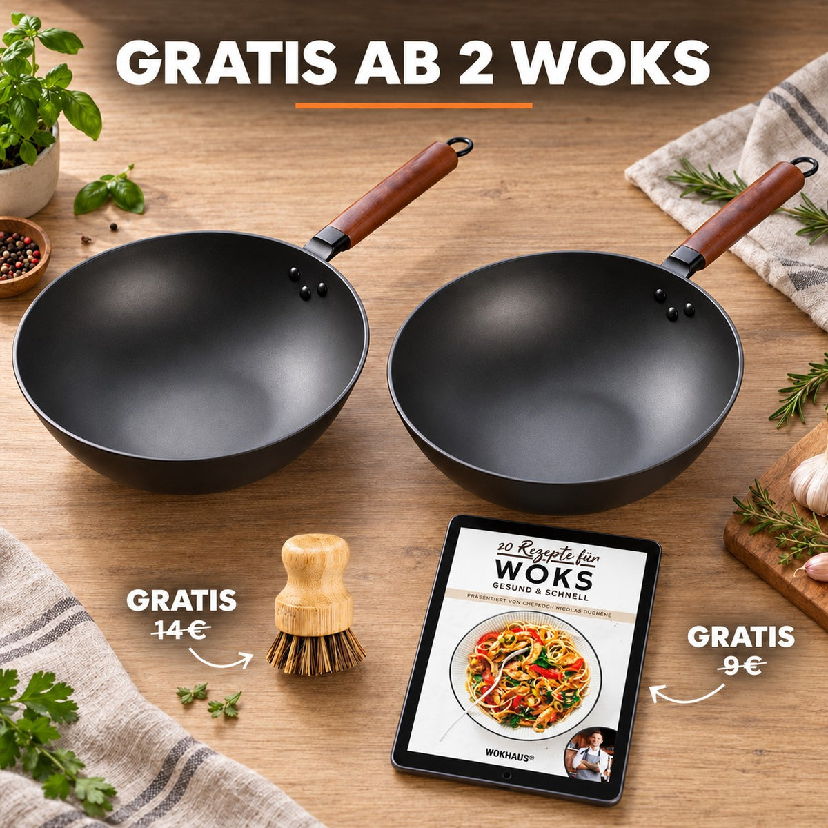 Le Tsukuba – Klassischer Wok 32 cm, GRATIS AB 2 WOKS: Bambusbürste (14 €), Rezeptbuch (9 €)