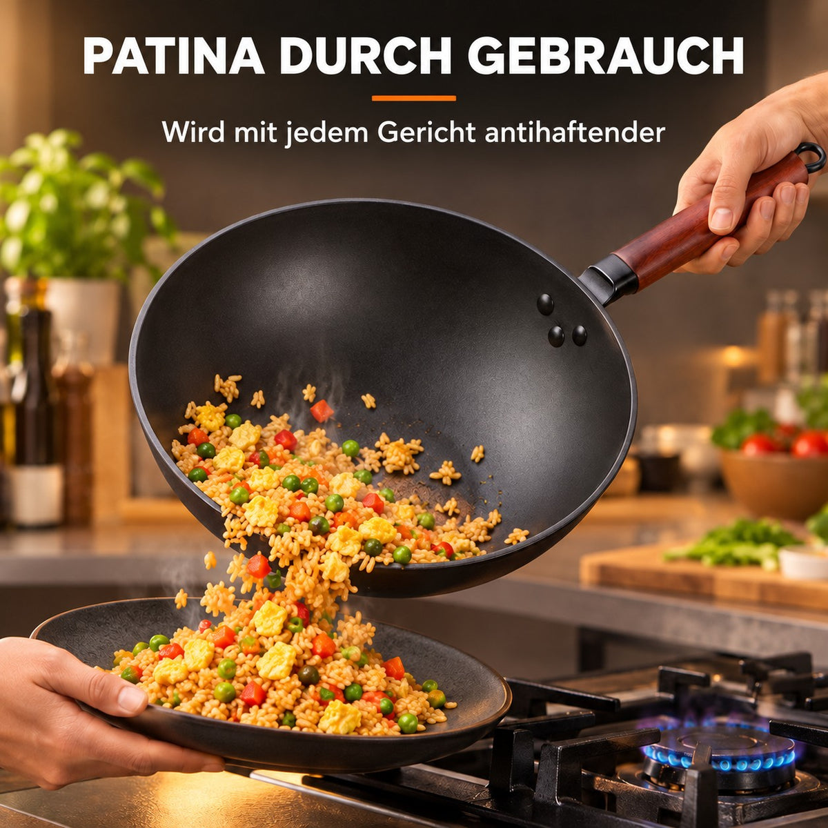 Le Tsukuba – Klassischer Wok 32 cm, PATINA DURCH GEBRAUCH: Wird mit jedem Gericht antihaftender